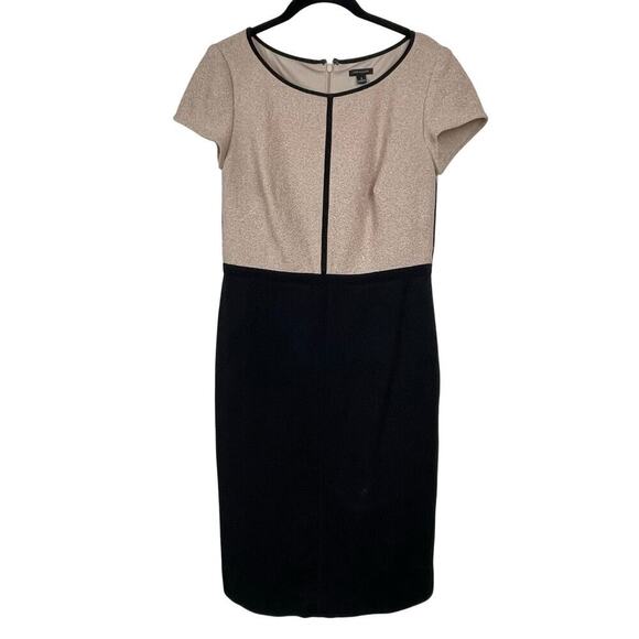 Ann Taylor Short Cap Sleeve Shift Colorblock Tan Black Textured Dress Size 4 - Picture 1 of 6